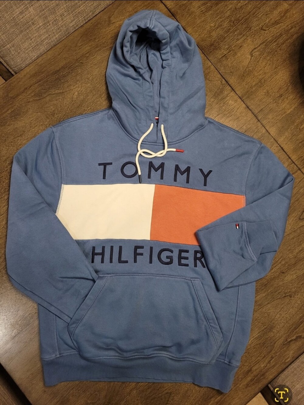 Tommy Hilfiger Blue Flag Logo Pullover Hoodie Large Embroidered Sweatshirt